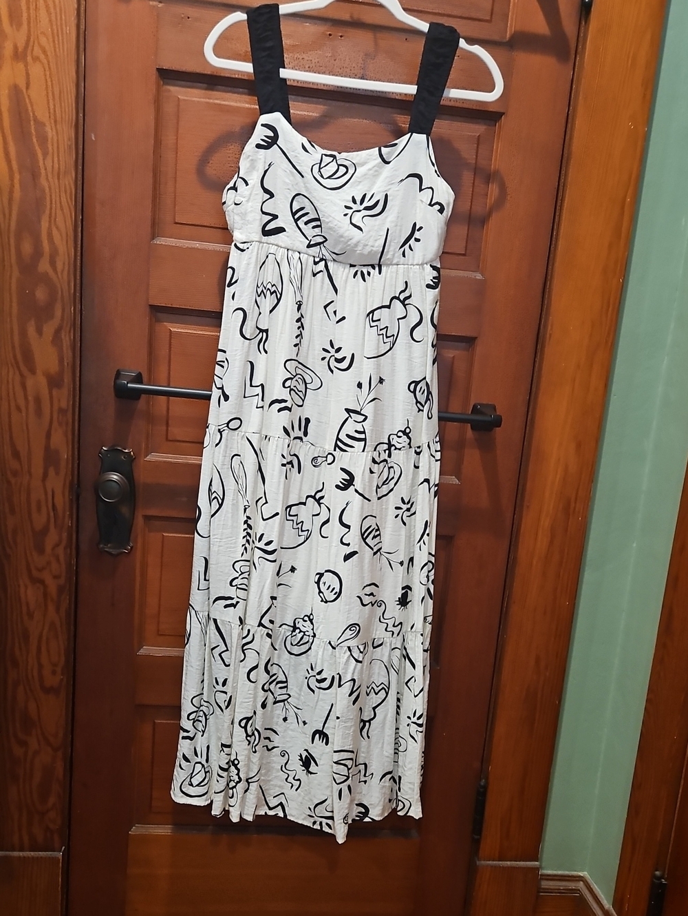 Black & White Abstract Print Maxi Dress with Wide Black Straps